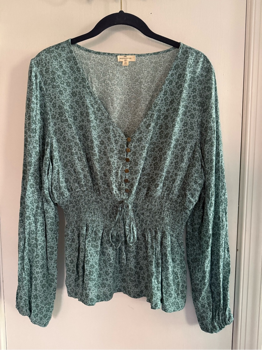 Mason & Belle Smocked Sage Green Floral V-Neck Button Blouse - Size M